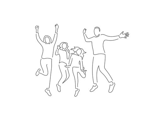 Family having fun in line art drawing style. Composition of a group of people jumping. Black linear sketch isolated on white background. Vector illustration design.