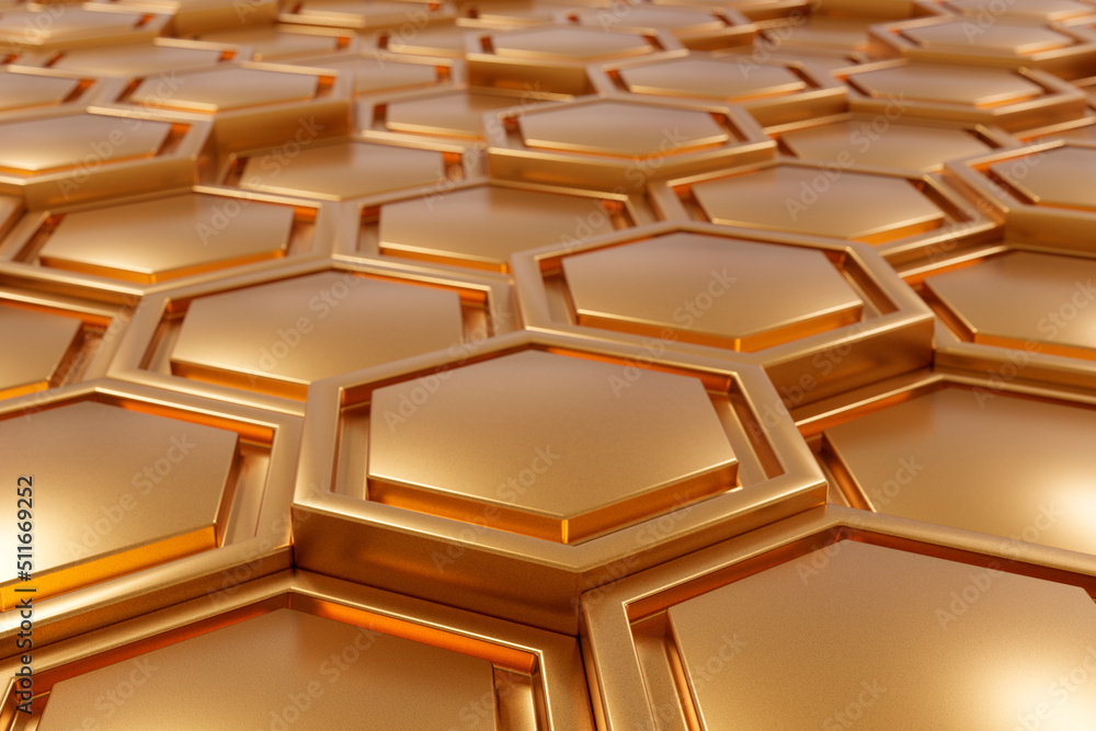 Poster geometric hexagons gold metal color, luxury abstract background with blur effect. golden honeycomb t