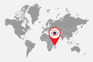 Pin map with Mayotte flag on world map. Vector illustration.