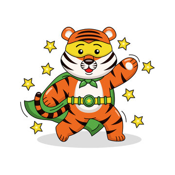 Cartoon illustration of cute superhero tiger