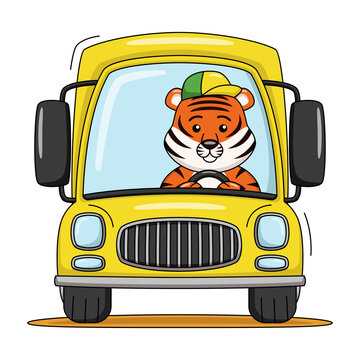 Cartoon illustration of a cute tiger driving a truck car