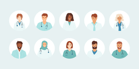 Doctors portrait set. Profile icons, avatars of women and men different nationalities. Muslim female, black woman, African man, Asian girl. Healthcare, medical service. Vector illustration. 