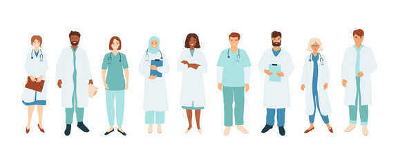 Doctors and nurse set, diverse healthcare professional team. Young women and men in medical uniform with stethoscope and holding clipboard. Vector illustration with standing people.