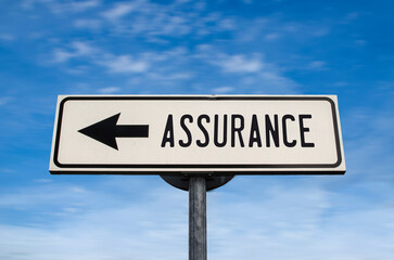 Obraz premium Assurance road sign, arrow on blue sky background. One way blank road sign with copy space. Arrow on a pole pointing in one direction.
