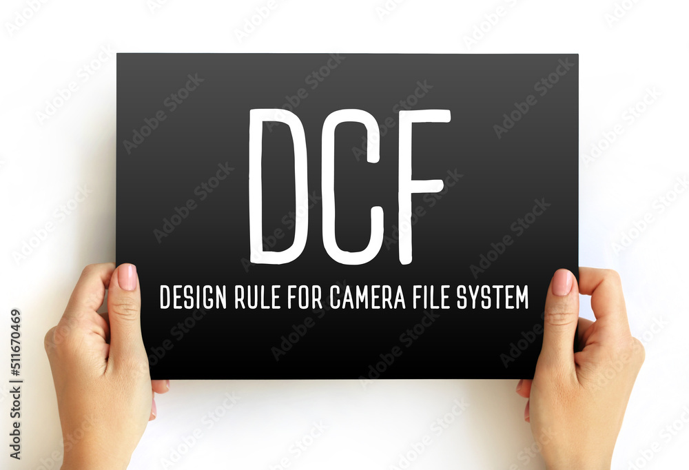 Aufkleber dcf - design rule for camera file system acronym text on card, abbreviation concept background