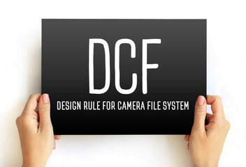 DCF - Design rule for Camera File system acronym text on card, abbreviation concept background