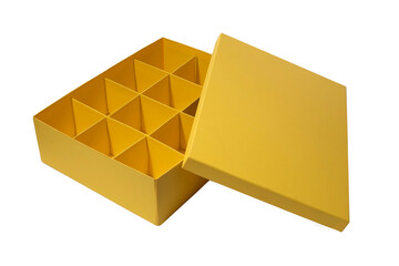 Yellow open empty box with interior separators dividers isolated on white background, storage