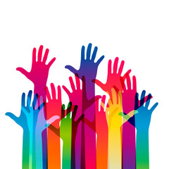 Hands on a light background. Colorful silhouettes arms.  Vector team, help, friendship symbol illustration.