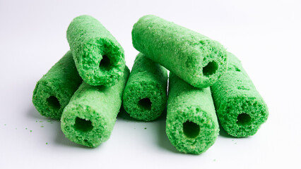 Crispy stick pandan green cake isolated on white background