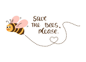 Cartoon bee flying on a dotted route isolated on the white background. With text. Vector illustration.