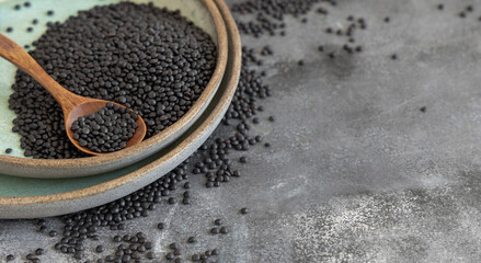 Plate of dry black lentils beans with a spoon on grey table close up, protein source for vegetarian diet