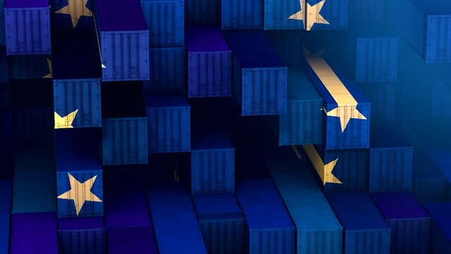 European economy. Import export business. Stacked cargo containers. Flag of EU. Coronavirus crisis. 3D rendering