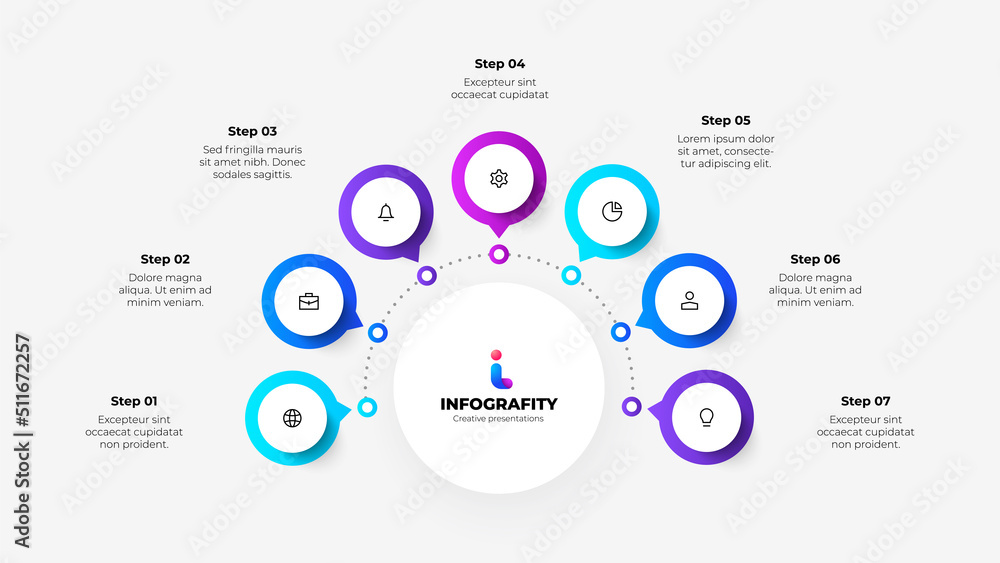Fototapete Central circle with seven small circles around it. Design concept of 7 steps or parts of business cycle. Infographic design template. Business data visualization.
