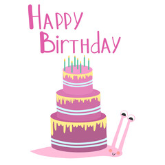 Snail shell in the form of pink birthday cake with candles in trendy vector flat style. Hand drawn greeting postcard with lettering. Birthday pie illustration for card.