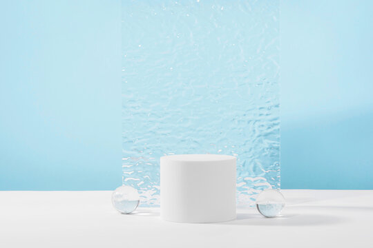 Showcase for jewellery presentation, display for advertising, cosmetics branding scene mockup. Acrylic plate, podium, background for cosmetic product packaging on blue backdrop with stylish props.