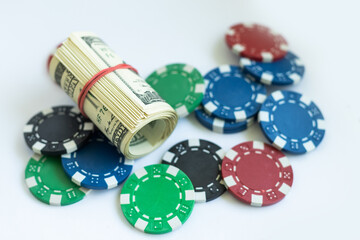 poker chips and money, casino jackpot. Gambling concept.