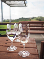Empty Wine glasses are set on a wooden table