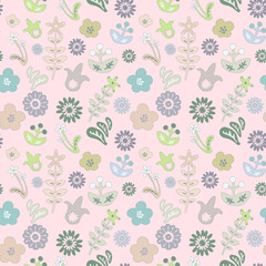 Seamless abstract pattern with floral motive in naive style can be used as textile design, 
wrapping paper, background, baby fabric motive, etc.