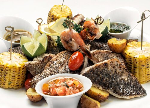mixed fried fish plate with seared seabass and red snapper