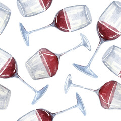 seamless watercolor pattern with wine glasses and red wine on a white background