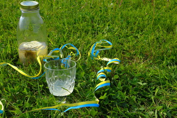 Picnic in the green grass at a park. Swedish yellow and blue ornaments. Home made lemon juice. Close up. 6 June, Stockholm, Sweden.