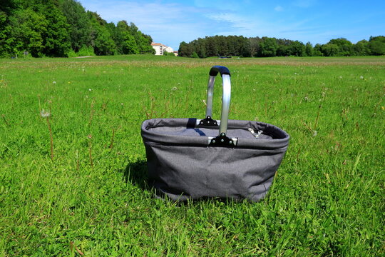 Pic Nic Basket At A Green Lawn. Summer Weather Outside. One Calm Swedish Park A Sunny Day. Stockholm, Sweden, Scandinavia, Europe.