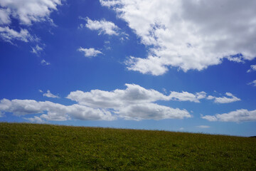 View of a grass field and blue sky's with clouds
