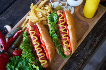 BBQ hot dog served with vegetables and French fries and sauces on wooden serving board