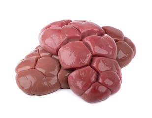 Beef kidney isolated on white background. Closeup. Raw cow kidney.