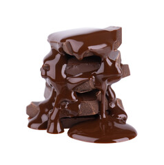 Chocolate pieces stack and chocolate syrup isolated on white background. Close up.