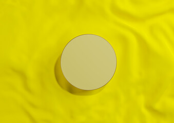 Bright, neon yellow 3D rendering minimal product display top view flat lay circle podium or stand with gold line on wavy textile for luxury cosmetic product photography from above