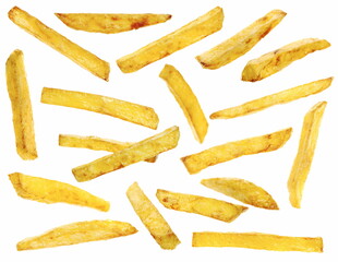 French fries set isolated, fried potato sticks isolated on white, clipping 