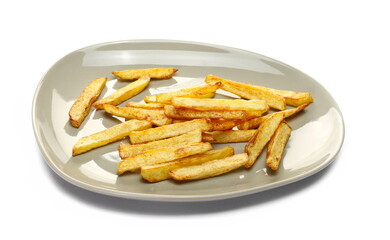 French fries pile in plate, fried potato sticks isolated on white  