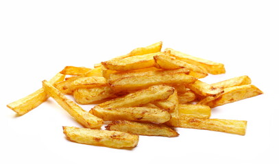 French fries pile, fried potato sticks isolated on white  