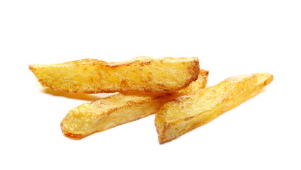 Macro french fries pile, fried potato sticks isolated on white  
