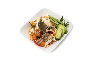 Papaya salad with coconut shoots and fresh blue crab on a white background,with clipping path