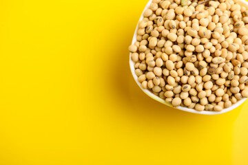 Dry soybean seed in bowl on yellow background.