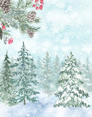 Winter forest illustration. Watercolor hand-painted background with snowy pine trees for Christmas cards.