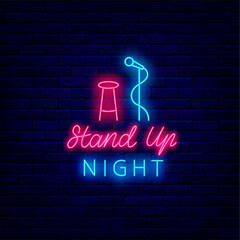 Stand up comedy neon signboard. Microphone and chair on stage. Humorous performance. Vector stock illustration