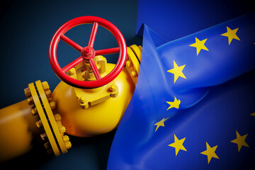 Gas valve pipeline Europe Nord Stream and flag EU 3D render