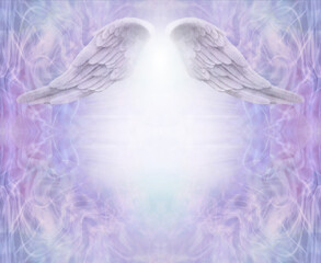 Sweet Angel Wings Message Background template - beautiful angelic wings above bright white light orb against lacey wispy lilac border ideal for spiritual theme advert message board
