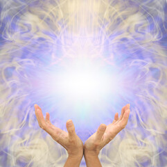 Sensing scalar healing energy message banner - female cupped hands reaching up to a  white light...