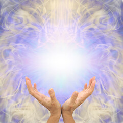 Sensing scalar healing energy message banner - female cupped hands reaching up to a  white light...