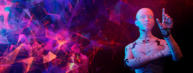 3D humanoid AI robot metaverse cyberspace digital world background, revolution of AI artificial intelligence automated digital technology industry 4.0 concept