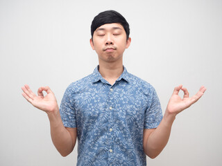Young man close eye for meditate yoga hand isolated
