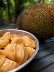 Jackfruit on the wood table.