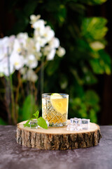 Caipirinha Cocktail with flowers and wood plate decorative.
