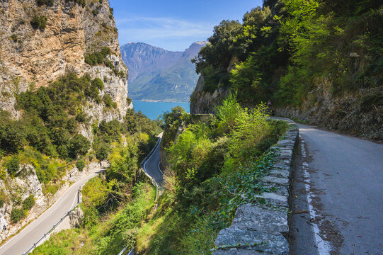 STRADA DELLA FORRA, narrow Italian road with tunnel in the mountains, Lake Garda, Italy