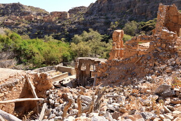 View of ruins of an abandoned village at the Wadi Bani Habib at the Jebel Akhdar mountain in Oman