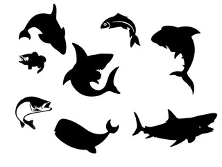set of silhouettes of dolphins